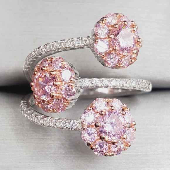 Pink & White Diamond Simulants 18k Rose Gold - 925 Silver Triple Flower Ring